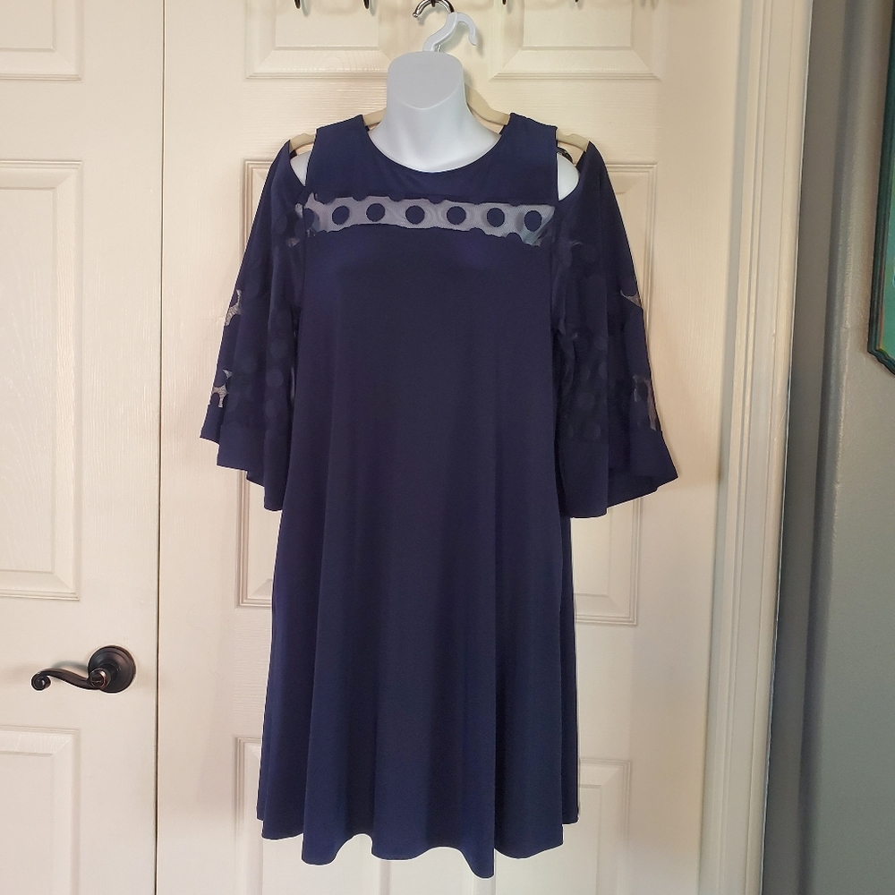 Nina Leonard Cold-Shoulder Swing Midi Dress‎ Blue Bell Sleeves Formal Party Med